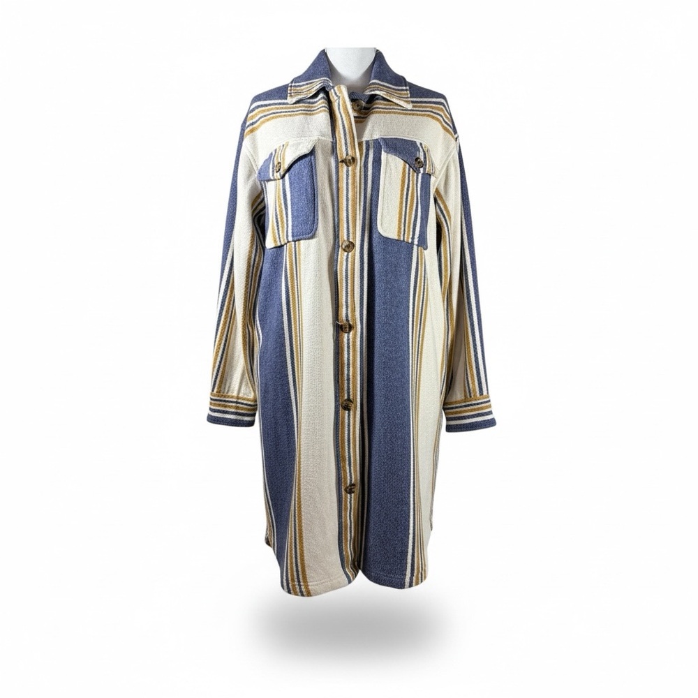 Aerie Blue Mustard Striped Cotton Long Sleeved Shacket Coat M Street Style OOTD